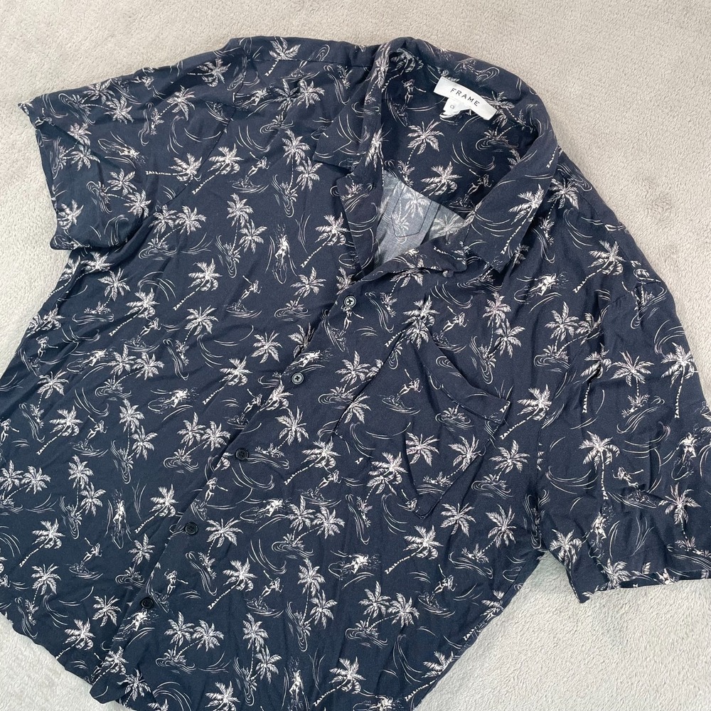 FRAME Camp Shirt Men Medium Black Hawaiian Surfing Classic Fit Loop Collar